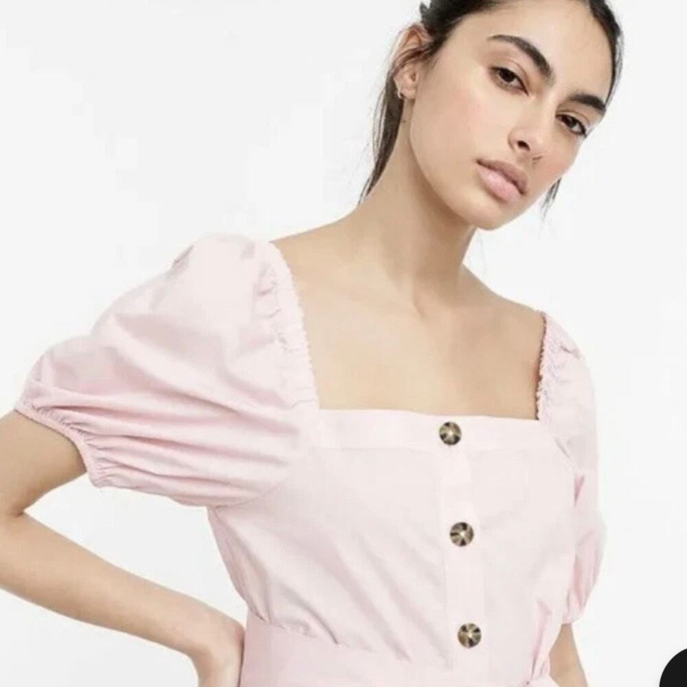 J.Crew Pink Cotton Midi Dress L Puff Sleeve Square Neck Button Front Cottagecore - Picture 4 of 16